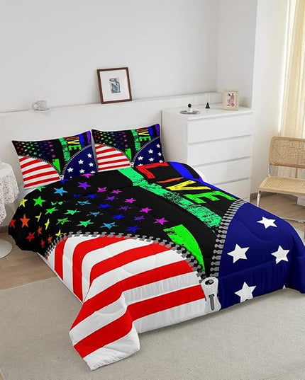 Erosebridal American Flag Comforter Set Rainbow Pride Bedding Set Queen Size for Kids Boys Teens Bedroom,USA Federations Stars Stripes Down Comforter Unique Zipper Design Quilted Duvet, Colorful - LeafyLoom