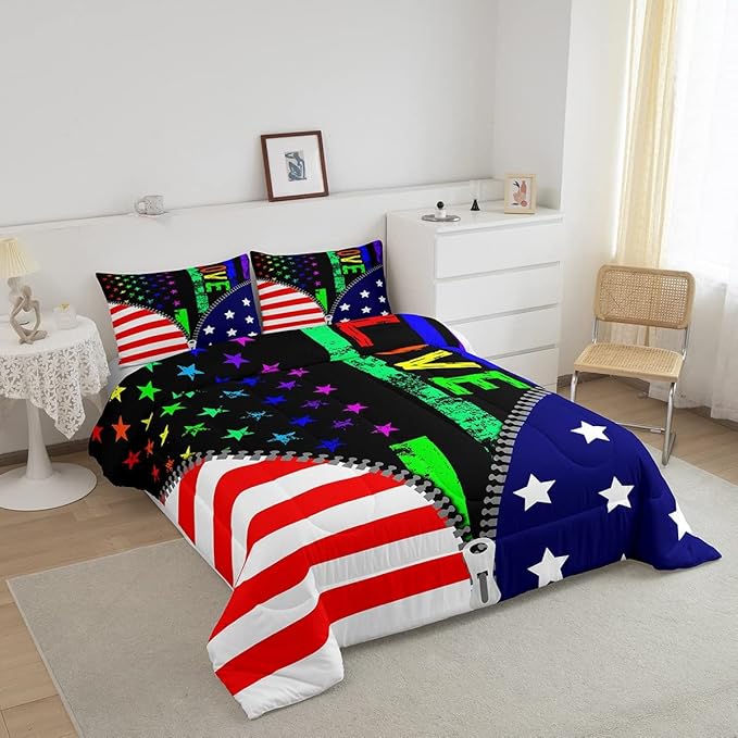 Erosebridal American Flag Comforter Set Rainbow Pride Bedding Set Twin Size for Teens Adult Women Bedroom,USA Federations Stars Stripes Down Comforter Kids Unique Zipper Design Duvet Sets, Colorful - LeafyLoom