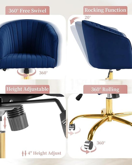 ROWHY Comfy Office Desk Chair, Velvet Swivel Desk Chairs with Wheels, Modern Office Computer Chair with Gold Base, Adjustable Wide Vanity Rolling Chair for Bedroom, Study, Navy Blue - LeafyLoom
