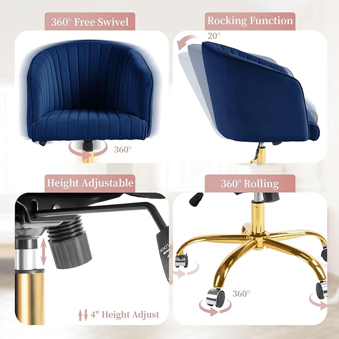 ROWHY Comfy Office Desk Chair, Velvet Swivel Desk Chairs with Wheels, Modern Office Computer Chair with Gold Base, Adjustable Wide Vanity Rolling Chair for Bedroom, Study, Navy Blue - LeafyLoom
