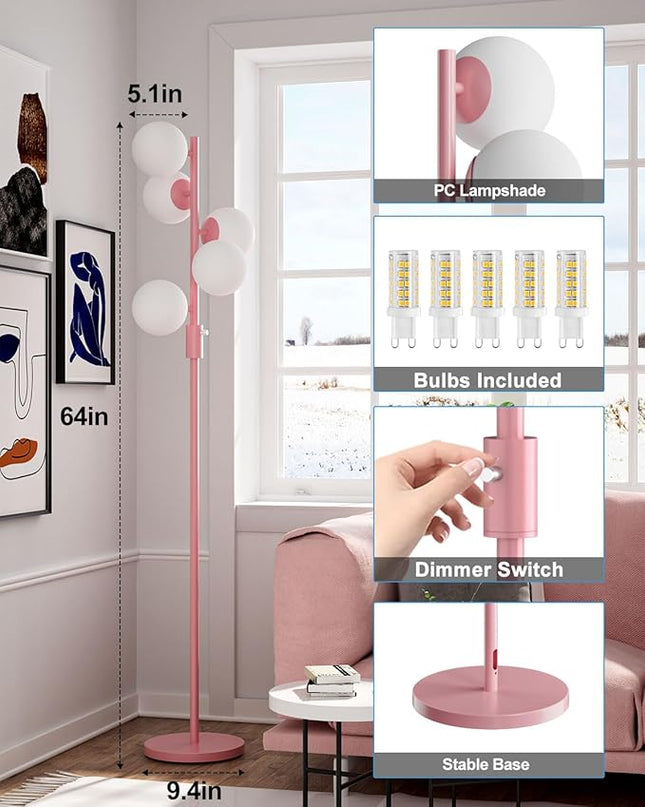 Lightdot Dimmable (Brightness Adjustable) Globe Floor Lamp, Pink Pole Standing Lamps with 5PCS 3000K G9 Bulbs, Mid Century Modern Floor Lamp for Living Room - LeafyLoom