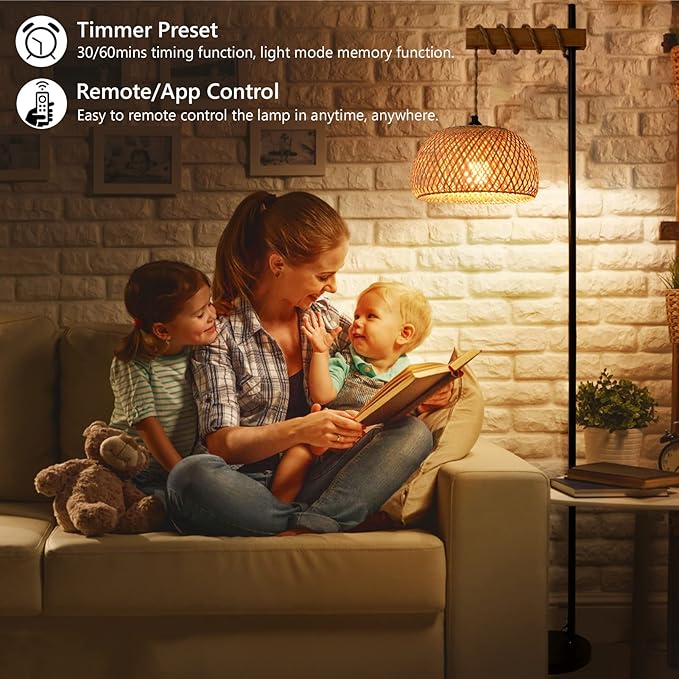 Boho Floor Lamp with Remote, Farmhouse Dimmable Rattan Standing Lamp with Smart Blub, Bamboo Lampshade, App Control, Wood Black Tall Lamp for Living Room Bedroom Office, 9W LED Bulb Included - LeafyLoom