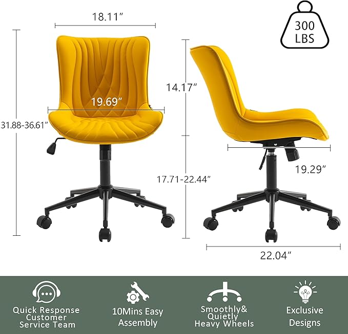 YOUTASTE Office Chair Modern Armless Desk Chair, Height Adjustable Swivel Rocking Computer Task Chair, Faux Leather Sewing Chairs with Wheels, Stylish Lounge Vanity Chair,Yellow - LeafyLoom