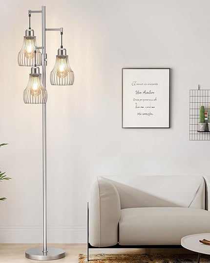 Dimmable Floor Lamp, 3 x 800LM LED Edison Bulbs Included, Farmhouse Industrial Floor Lamp Standing Tree Lamp with Elegant Cage Tall Lamps for Living Room Bedroom Office - Silver - LeafyLoom