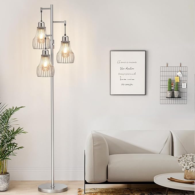 Dimmable Floor Lamp, 3 x 800LM LED Edison Bulbs Included, Farmhouse Industrial Floor Lamp Standing Tree Lamp with Elegant Cage Tall Lamps for Living Room Bedroom Office - Silver - LeafyLoom