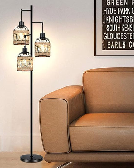 Tree Floor Lamp Rattan for Living Room,Bedroom,3-Lights Boho Floor Lamps,Farmhouse Industrial Black Standing Lamp Wicker Tall Lamp,Woven Bamboo Lamp Shade Floor Light Bohemian - LeafyLoom