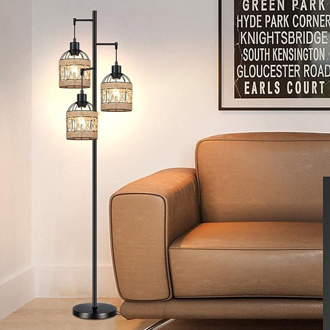 Tree Floor Lamp Rattan for Living Room,Bedroom,3-Lights Boho Floor Lamps,Farmhouse Industrial Black Standing Lamp Wicker Tall Lamp,Woven Bamboo Lamp Shade Floor Light Bohemian - LeafyLoom