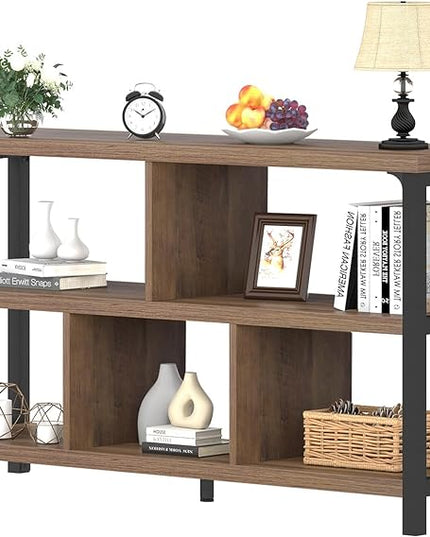 IBF 5 Cube Storage Organizer, Industrial Low Horizontal Bookshelf, Modern Wide Wood and Metal Bookcase with Book Storage, Short Open Cubby Book Shelf for Office Bedroom Living Room, Rustic Oak, 47 in - LeafyLoom