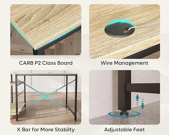 Bestier 95.2” L Shaped Desk, Reversible Corner Computer Desk or 2 Person Long Table with Adjustable Shelves, Large Writing Study Workstation with 3 Cable Holes - Oak - LeafyLoom