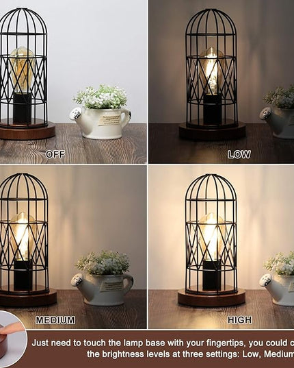 Touch Control Table Lamp, Industrial Bedside Lamp with 3 Way Dimmable Small Nightstand Lamp Vintage Metal Cage Table Lamp for Bedroom, Kitchen - LeafyLoom