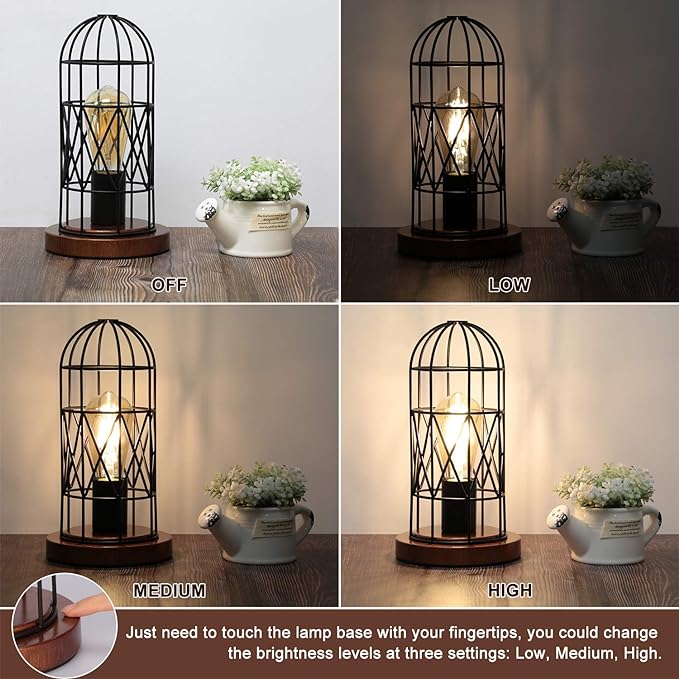 Touch Control Table Lamp, Industrial Bedside Lamp with 3 Way Dimmable Small Nightstand Lamp Vintage Metal Cage Table Lamp for Bedroom, Kitchen - LeafyLoom
