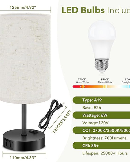 GGOYING Set of 2 Bedside Table Lamp, Bedroom Lamps with 3-Color Modes, AC Outlet, Linen Round Lampshade Nightstand Lamp for Livingroom Reading Working - LeafyLoom