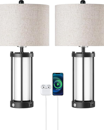 EDISHINE 22.44" Farmhouse Table Lamps with Night Light, 3 Way Dimmable Touch Control Bedside Lamp Set of 2, Rustic Nightstand Lamp for Living Room, Bedroom, A+C USB Ports, Frosted Glass Shade - LeafyLoom