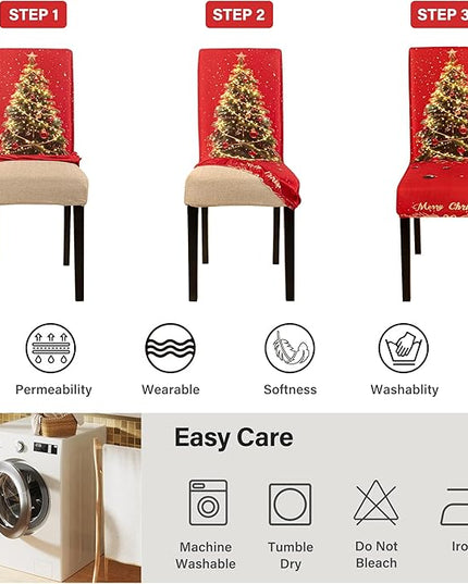4PCS Christmas Dining Chair Covers Stretch Removable Washable Dining Room Chair Protector Slipcover 3D Print Xmas Tree Bow Tie Kitchen Chair Cover Slipcovers for Xmas Holiday Party Home Décor CZL