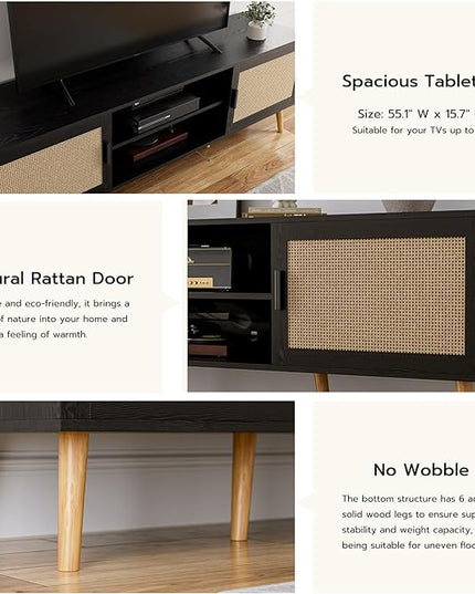 TV Stand for TVs up to 65'', Entertainment Center with Rattan Door, Shelves & 2 Cabinets, Boho Media TV Console for Living Room, Bedroom, Black - LeafyLoom