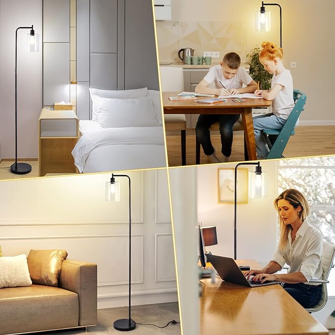 Litake Industrial Floor Lamp, Dimmable Modern Standing Lamp with Clear Glass Shade, Black Tall Lamp with Remote & Foot Control, LED Bright Corner Lamp with 6W Bulb for Living Room Bedroom Office - LeafyLoom