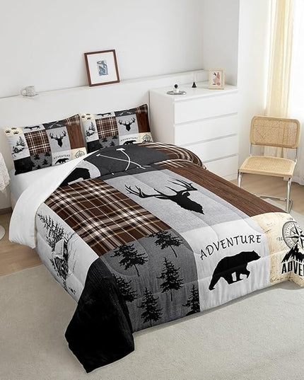 Deer Antler Comforter Set King Size,Bear Paw Pine Trees Rustic Farmhouse Bedding Set for Boys Girls Adults Room Decor,Geometric Plaids Arrows Down Comforter,Brown Retro Duvet Insert,2 Pillowcases - LeafyLoom