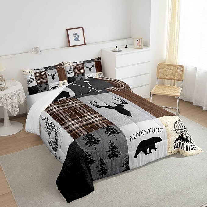 Deer Antler Comforter Set Queen Size,Bear Paw Pine Trees Rustic Farmhouse Bedding Set for Boys Girls Adults Room Decor,Geometric Plaids Arrows Down Comforter,Brown Retro Duvet Insert,2 Pillowcases - LeafyLoom