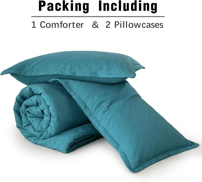 WONGS BEDDING Teal Comforter Set King Size(104“×90”), Boho Geometric Textured Bedding Comforter Sets - 3 Pieces Reversible Soft Microfiber Ultrasonic Bedding with 2 PillowCases - LeafyLoom