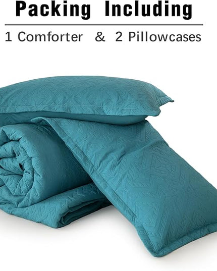 WONGS BEDDING Teal Comforter Set Queen Size(90“×90”), Boho Geometric Textured Bedding Comforter Sets - 3 Pieces Reversible Soft Microfiber Ultrasonic Bedding with 2 Pillowcases - LeafyLoom