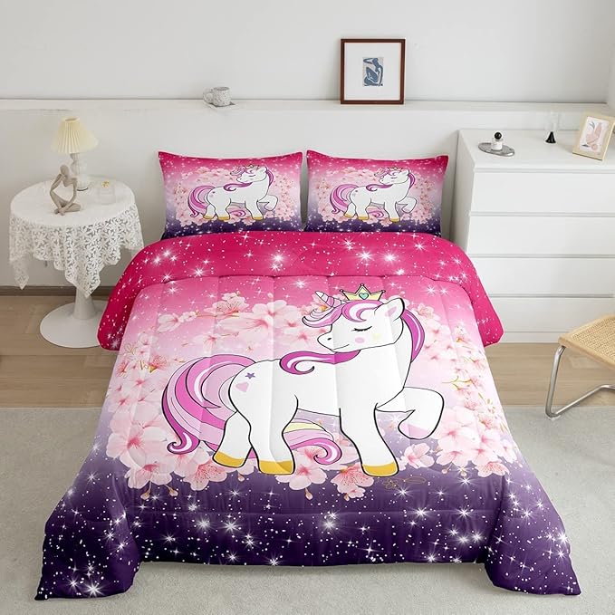 Unicorn Comforter Set King Glitter Bedding Set Cherry Blossoms Duvet Insert Kids Cartoon Kawaii Animal Down Comforter Ombre Galaxy Stars Fantasy Girls Room Decor Quilt Set Aesthetic Pink Purple - LeafyLoom