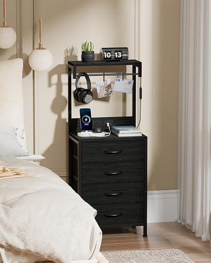 Furnulem Tall Nightstands Set of 2, Night Stand with 4 Drawers and shelves, Tall Bedside Table with USB Port Charging and LED Lights, Side Table for Bedroom, Office, Dorm (Black Oak) - LeafyLoom