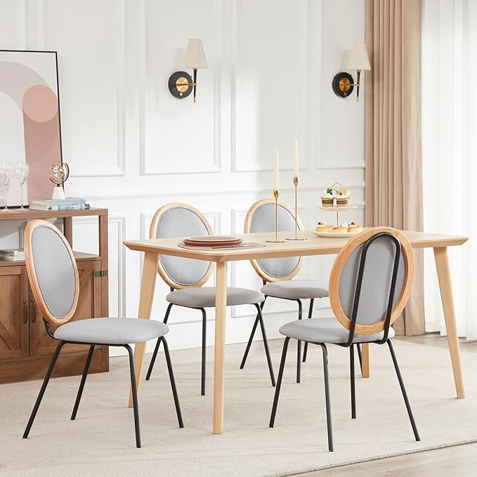 Linen Kitchen Dining Chairs Set of 2 Upholstered Round Back Mid Century Dining Chair for Dining Room Chairs Wood Modern Industrial Metal Dining Chair Indoor - LeafyLoom