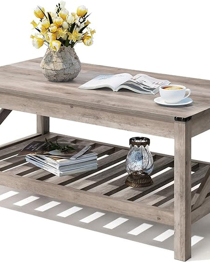 Farmhouse Coffee Table with 2-Tier Shelves - Rectangular Coffee Table with Storage for Living Room, Wood Coffee Table with Sturdy Frame, Washed Grey - LeafyLoom