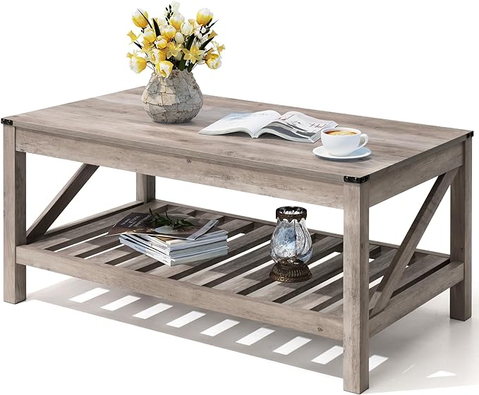 Farmhouse Coffee Table with 2-Tier Shelves - Rectangular Coffee Table with Storage for Living Room, Wood Coffee Table with Sturdy Frame, Washed Grey - LeafyLoom