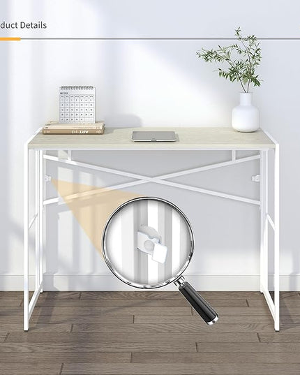 40 inch Folding Desk, Writing Gaming Computer Camping Desk, No Assembly Required Home Office Table, Natural and White - LeafyLoom