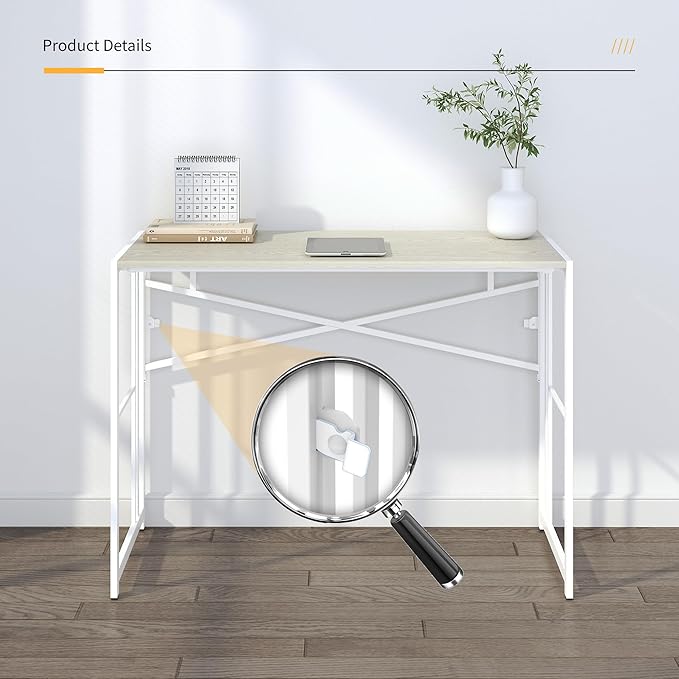 40 inch Folding Desk, Writing Gaming Computer Camping Desk, No Assembly Required Home Office Table, Natural and White - LeafyLoom