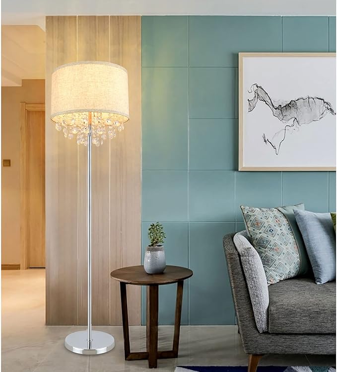 DINGLILIGHTING DLLT Crystal Floor Lamp for Living Room Modern Standing Lamp for Bedroom, Chrome Finish 64” Tall Pole LED Floor Lamp, 9W Bulb Included, Fabric Shade, Silver - LeafyLoom