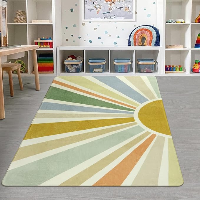 Kids Rugs for Playroom 5'x7' Rug, Boho Washable Area Rug for Kids Room, Rainbow Kids Nursery Rug Non-Slip Sunshine Carpet Soft Colorful Rug for Classroom Office Dining Room - LeafyLoom