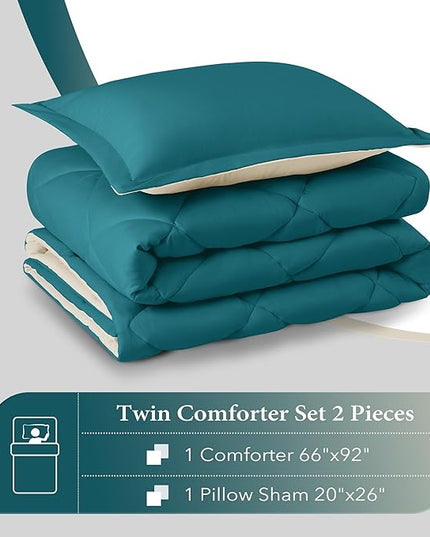 downluxe Twin Comforter Set - Teal Blue and White Twin Comforter, Soft Bedding Sets for All Seasons -2 Pieces - 1 Comforter (66"x92") and 1 Pillow Sham(20"x26") - LeafyLoom