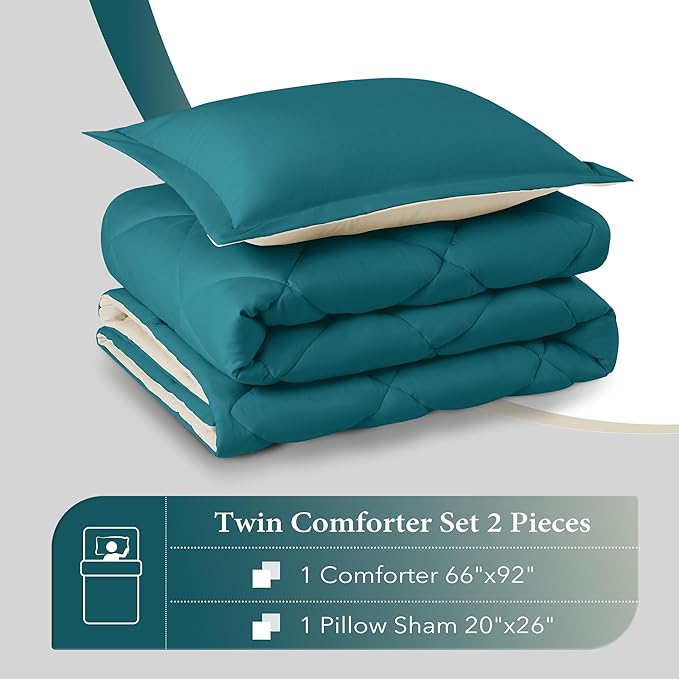 downluxe Twin Comforter Set - Teal Blue and White Twin Comforter, Soft Bedding Sets for All Seasons -2 Pieces - 1 Comforter (66"x92") and 1 Pillow Sham(20"x26") - LeafyLoom