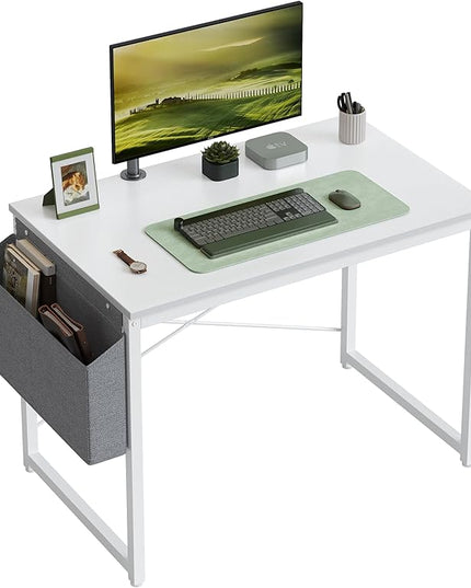 Cubiker Computer Desk 32 inch Home Office Writing Study Desk, Modern Simple Style Laptop Table with Storage Bag, White Metal Frame, White - LeafyLoom
