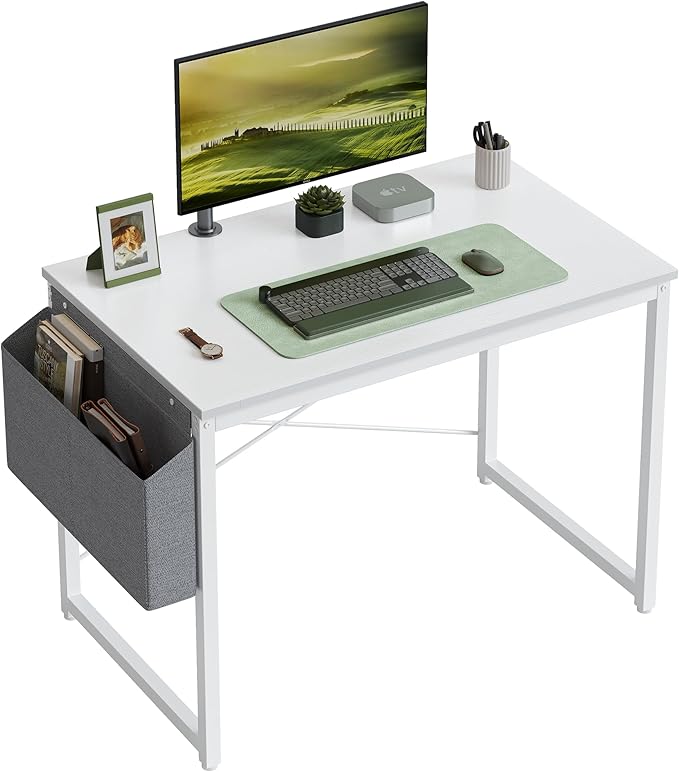 Cubiker Computer Desk 32 inch Home Office Writing Study Desk, Modern Simple Style Laptop Table with Storage Bag, White Metal Frame, White - LeafyLoom