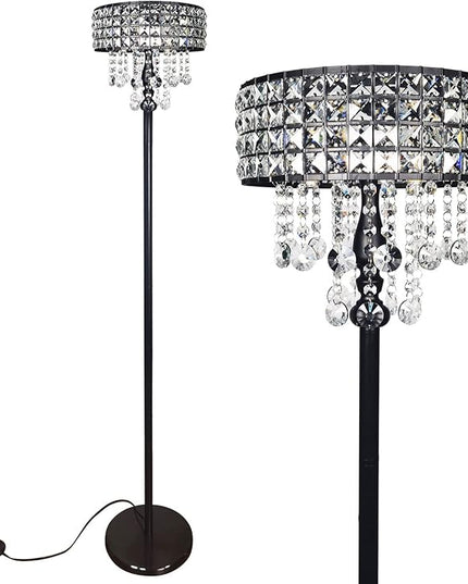 Modern K9 Clear Glass Crystals Floor Lamp with 3 LED Bulbs, Crystal & Glass 3-Lights Black Standing Light, Reading Corner Lamp for Living Room Bedroom - LeafyLoom