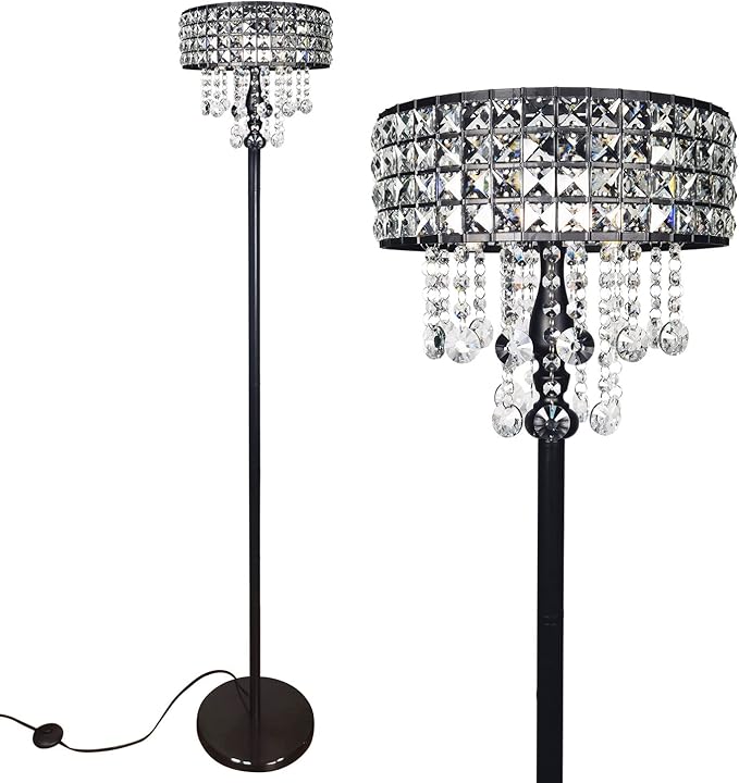 Modern K9 Clear Glass Crystals Floor Lamp with 3 LED Bulbs, Crystal & Glass 3-Lights Black Standing Light, Reading Corner Lamp for Living Room Bedroom - LeafyLoom