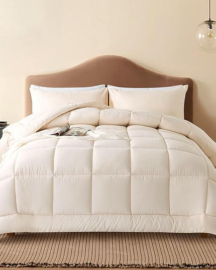 WhatsBedding Twin Comforter Set, Beige Lightweight Bedding Set for All Season Soft Down Alternative Bed Set with 1 Pillowcase, Twin Size, 64"x88" - LeafyLoom