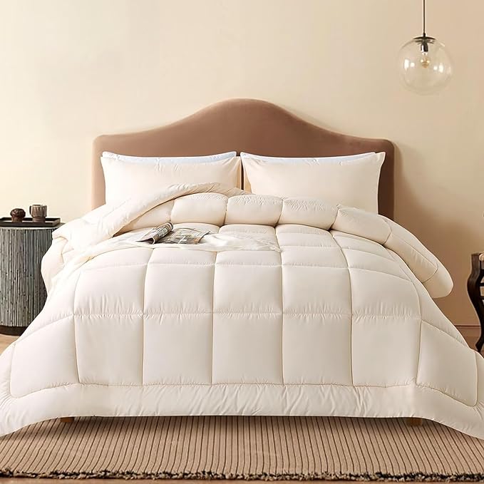 WhatsBedding Twin Comforter Set, Beige Lightweight Bedding Set for All Season Soft Down Alternative Bed Set with 1 Pillowcase, Twin Size, 64"x88" - LeafyLoom