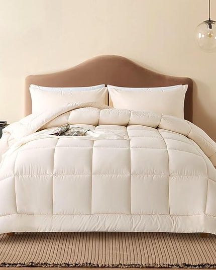 WhatsBedding Queen Comforter Set, Beige Lightweight 3 Pieces Bedding Set for All Season Soft Down Alternative Bed Set with 2 Pillowcases, Queen Size, 88"x90" - LeafyLoom