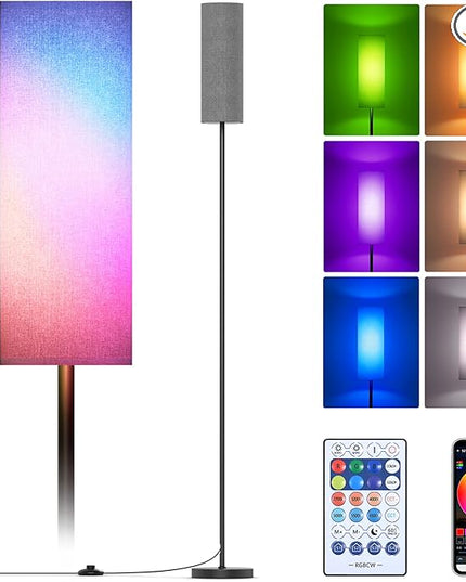 Floor Lamps for Living Room, Modern Floor Lamp with RGB LEDs Bulb,Dimmable Floor Lamp with App Control & Remote Control,Tall Reading Lamp for Bedroom, Living Room, Office,Gray Lampshade - LeafyLoom