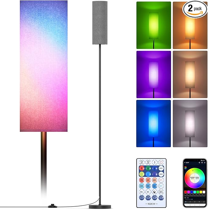 Floor Lamps for Living Room, Modern Floor Lamp with RGB LEDs Bulb,Dimmable Floor Lamp with App Control & Remote Control,Tall Reading Lamp for Bedroom, Living Room, Office,Gray Lampshade - LeafyLoom