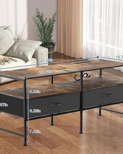 HEOMU Industrial TV Stand for 50 Inch Television Cabinet 3-Tier Console Table with Fabric Drawer, Entertainment Center Media Console Metal Frame for Living Room, Bedroom, Rustic Brown - LeafyLoom