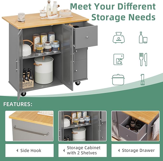 Shintenchi Rolling Kitchen Island Cart with Folding Drop Leaf Breakfast Bar, Portable Trolley Island with Large Storage Cabinet, Shelf and Drawer, Gray - LeafyLoom