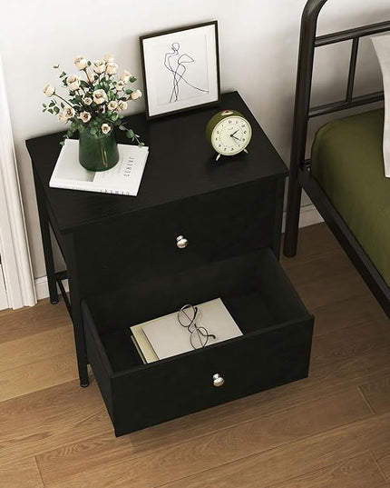 BOLUO Black Nightstand 2 Drawer Dresser for Bedroom,Small Night Stand End Table with Fabric Drawers Modern - LeafyLoom