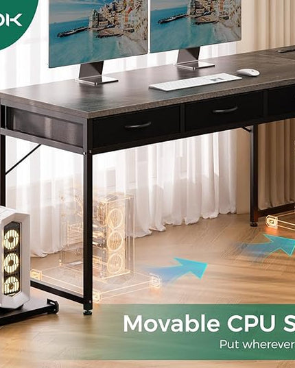 AODK 53 Inch L Shaped Computer Desk with Drawers, Corner Desk with Power Outlets & Reversible Storage Shelves, Movable CPU Stand for Home Office Gaming, Oak Grey - LeafyLoom