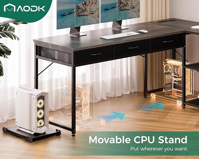 AODK 53 Inch L Shaped Computer Desk with Drawers, Corner Desk with Power Outlets & Reversible Storage Shelves, Movable CPU Stand for Home Office Gaming, Oak Grey - LeafyLoom