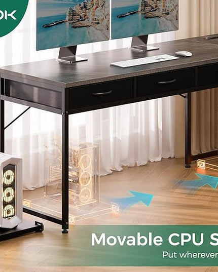 AODK 61 Inch L Shaped Computer Desk with Drawers, Corner Desk with Power Outlets & Reversible Storage Shelves, Movable CPU Stand for Home Office Gaming, Oak Grey - LeafyLoom